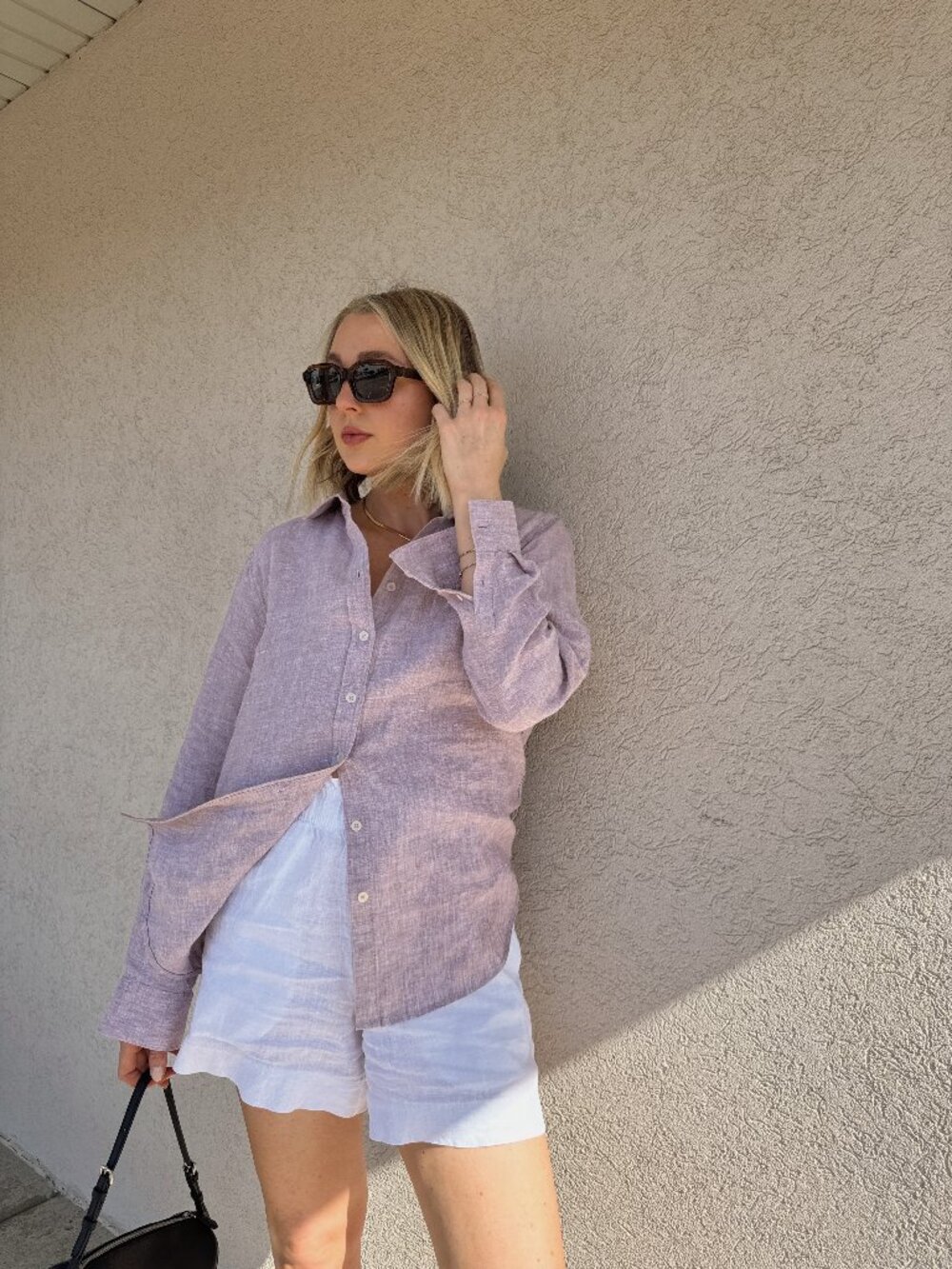 100% European Linen Long Sleeve Shirt in Vintage Pink Chambray